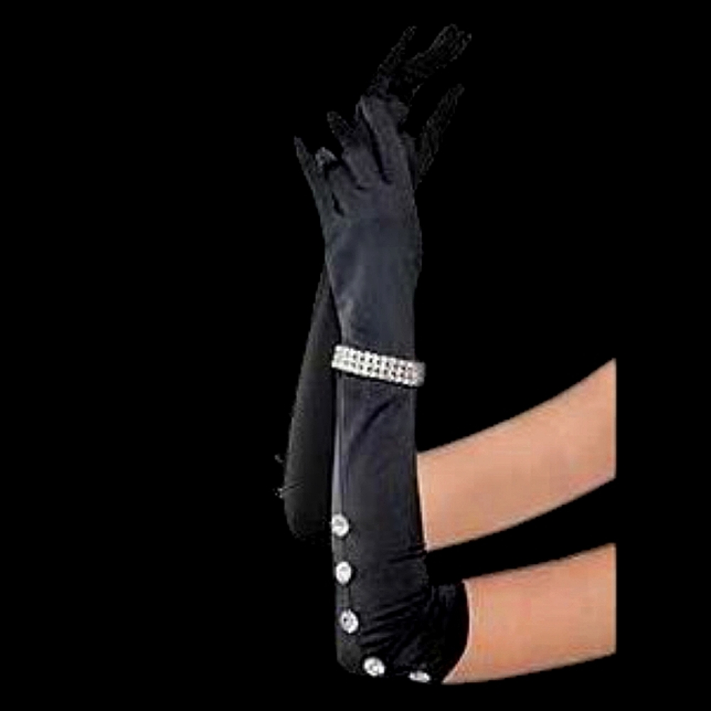 Elegant Black Satin Gloves with Rhinestone Accents - Picture 2 of 3
